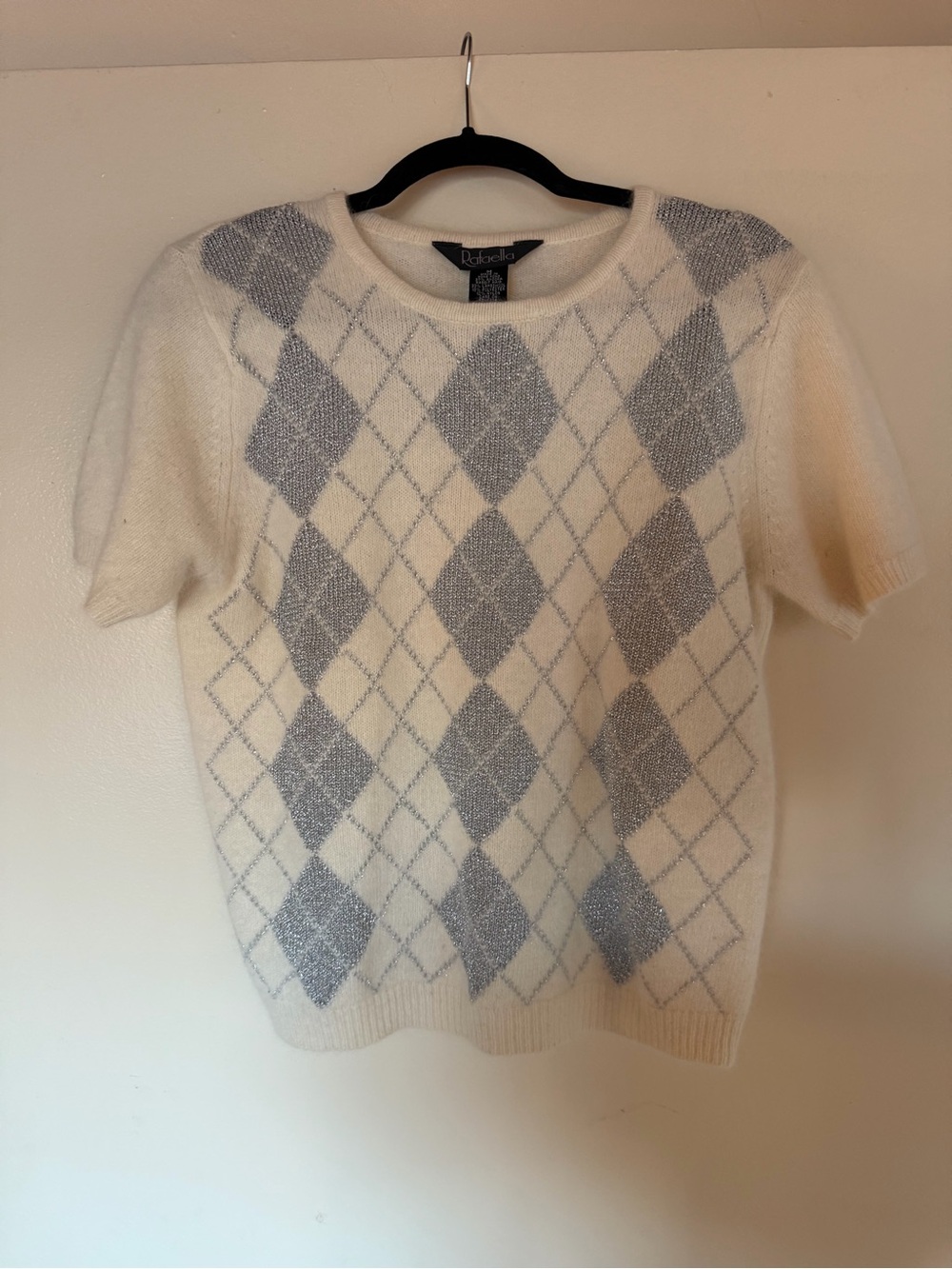 Vintage Rafaella Cream & Light Gray Argyle Short-Sleeve Sweater